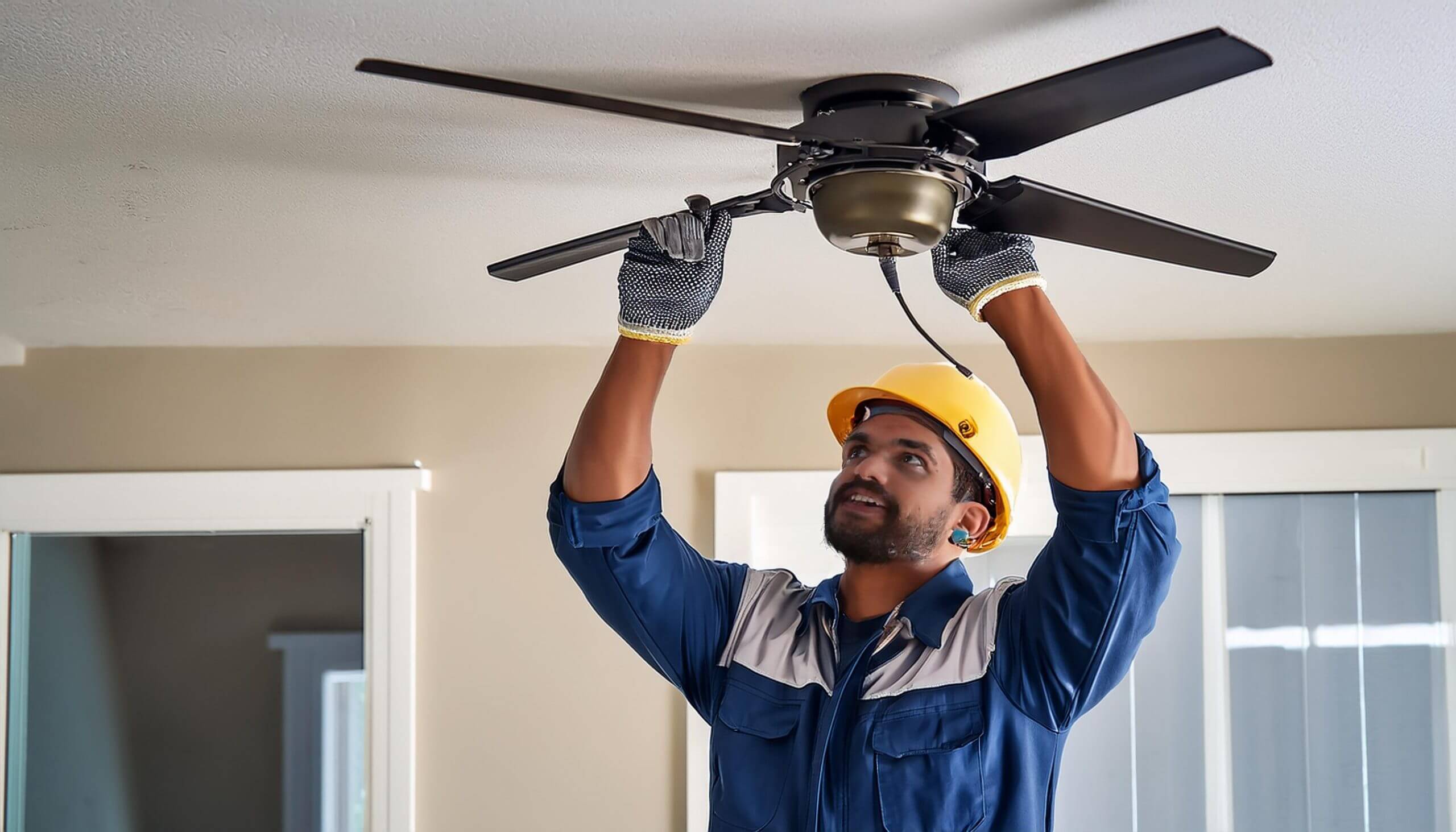 Electrician installing a ceiling fan safely