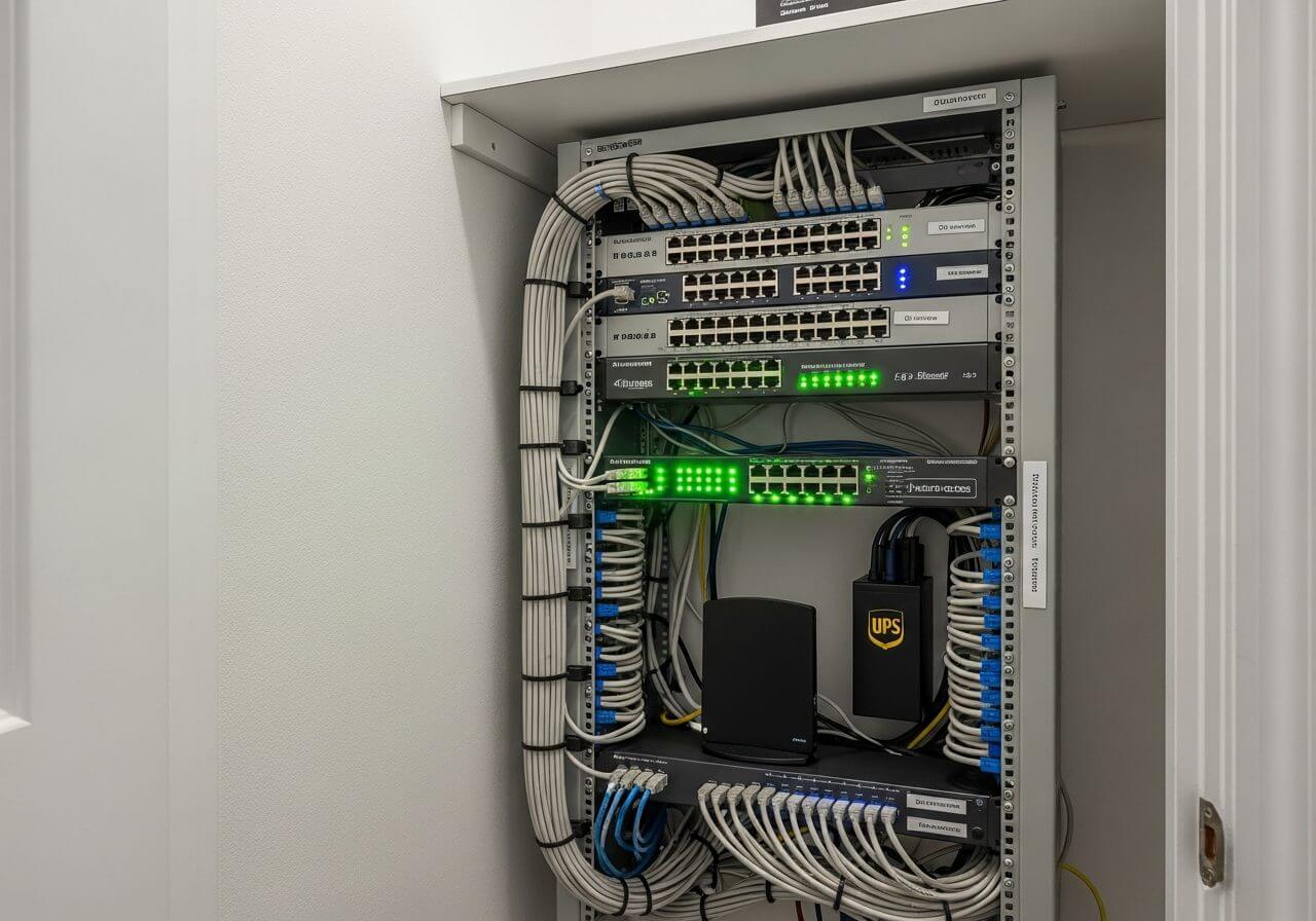 Residential network rack installation with managed switch and organized Cat6 cable management