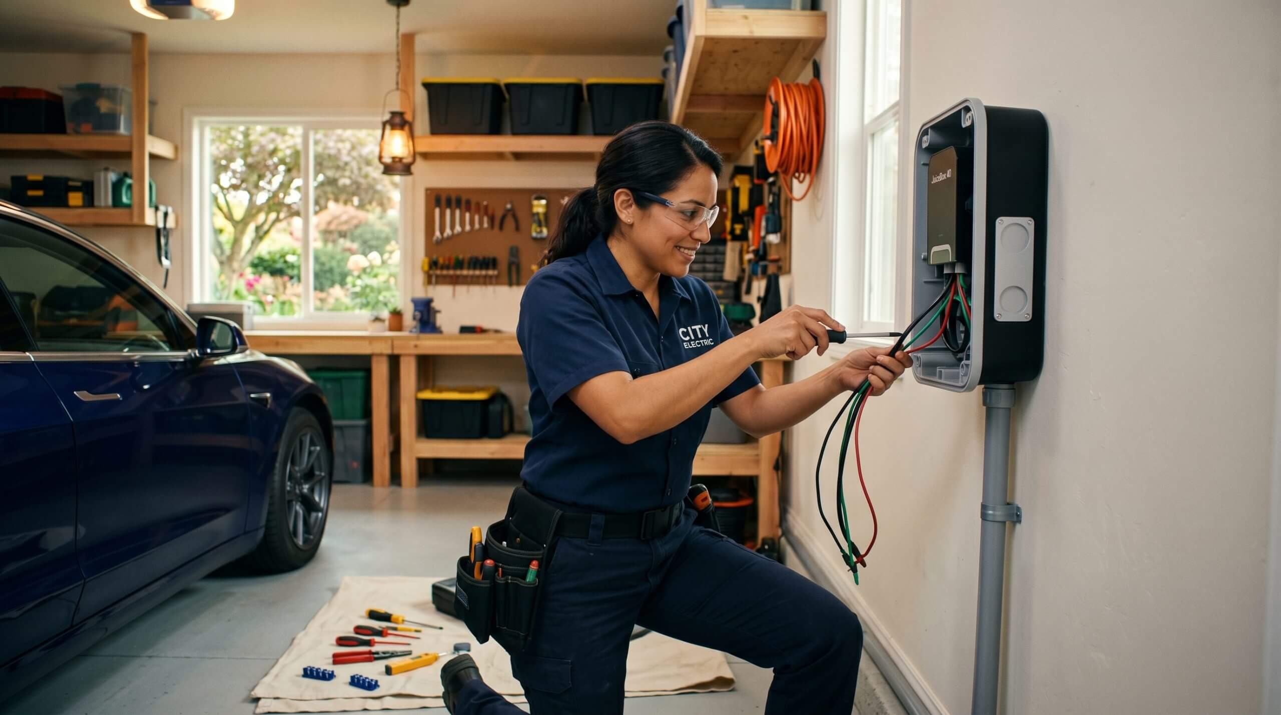 Professional electrician installing a Level 2 EV charging station