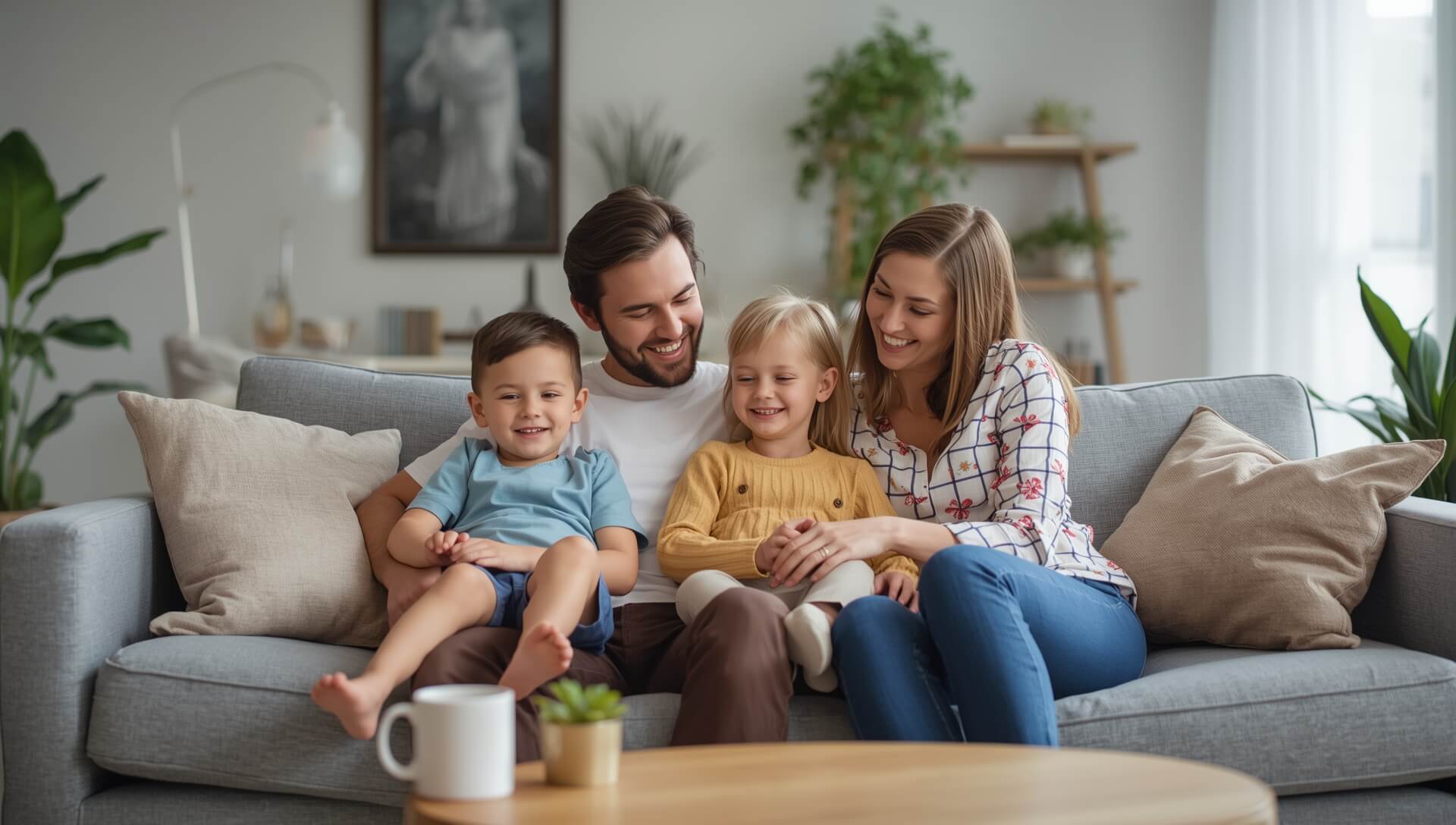 happy chesterfield family on the sofa