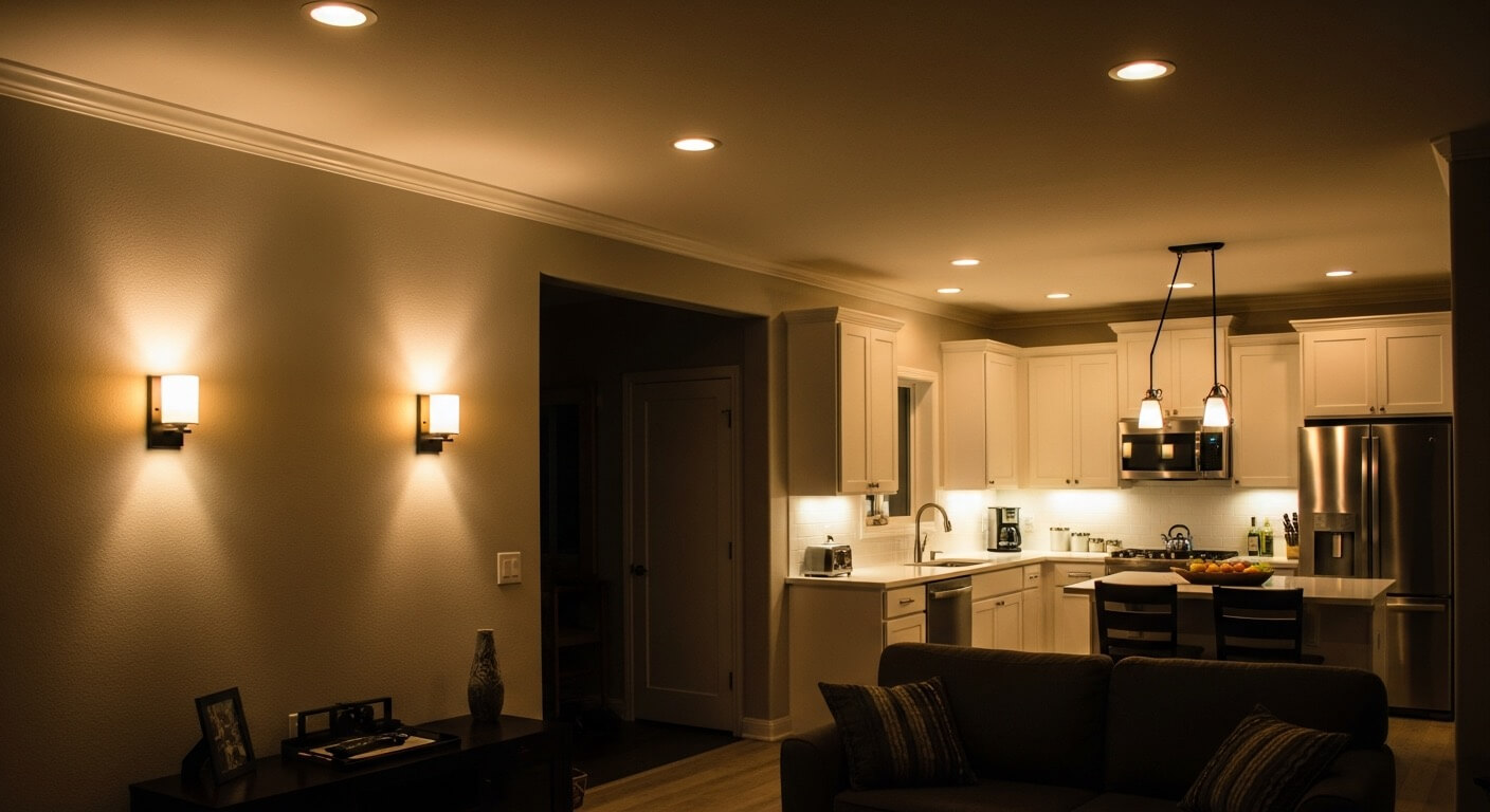 Completed residential lighting installation with recessed LED lights and accent lighting by Bates Electric