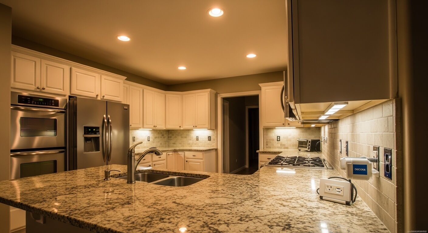 Completed residential kitchen electrical work with recessed lighting and GFCI outlets by Bates Electric