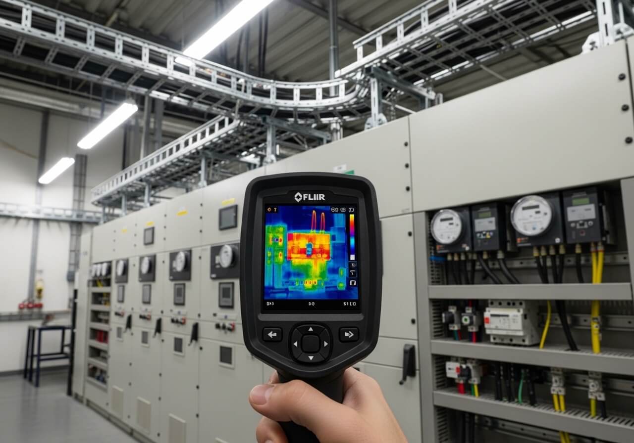 Bates Electric technician performing infrared thermal imaging inspection on commercial electrical equipment